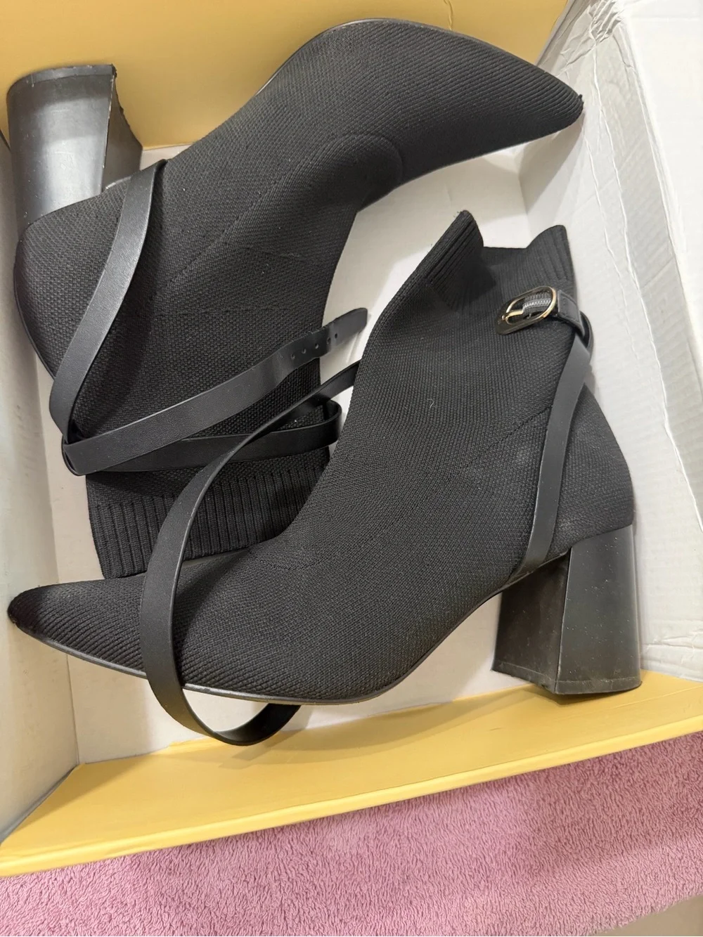 Black Knit Sock Ankle Boot with Buckle Accent